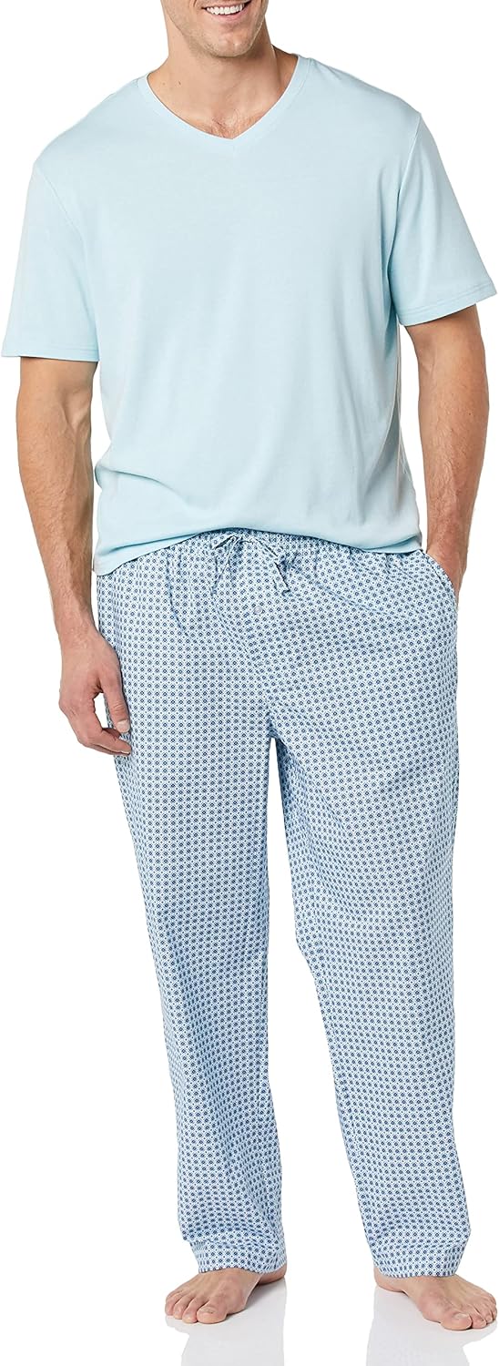 Amazon Essentials Men's Cotton Poplin Pant with Cotton Jersey T-Shirt Pajama Set