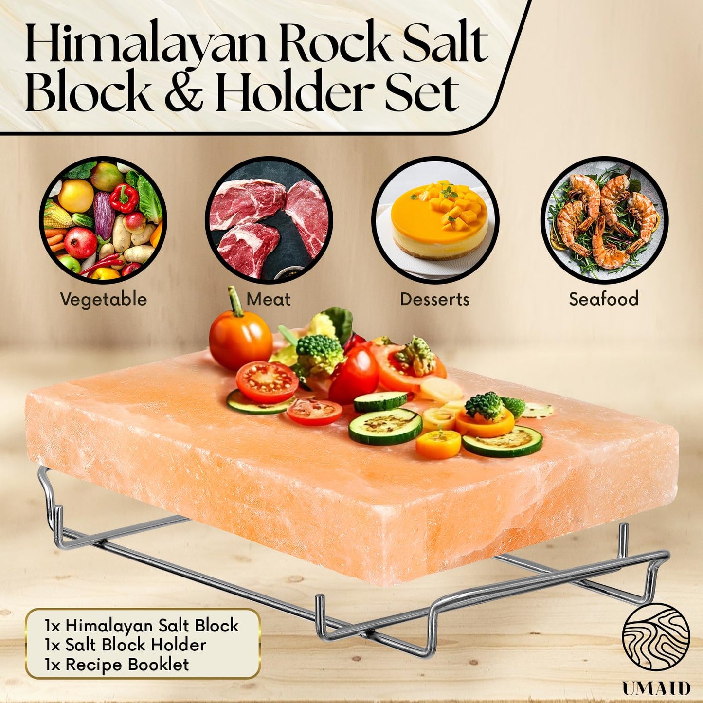 UMAID Himalayan Salt Block For Grilling, Cooking, Cutting and Serving,12X8X1.5 Food Grade Himalayan Pink Salt Stone on Stainless Steel Plate & Recipe Booklet, Unique Gifts for Men, Women, Chef, Cooks