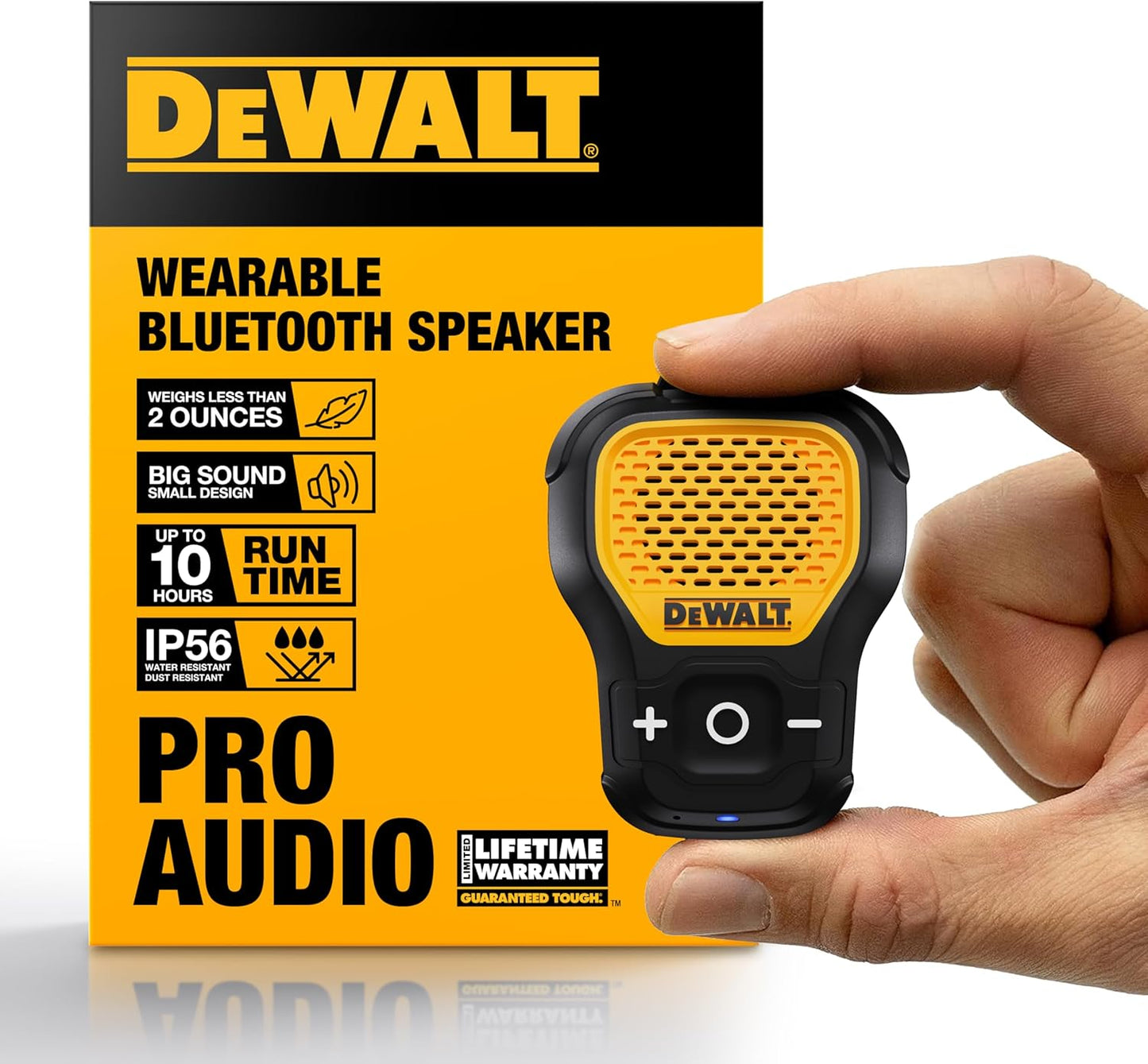DEWALT Wearable Bluetooth Speaker (Updated Version), Clip-On Wireless Jobsite Pro Water-Resistant Portable Speaker (Non-Magnetic), Built-in Mic for Hands-Free Music/Calls, Bluetooth Speaker (Yellow)