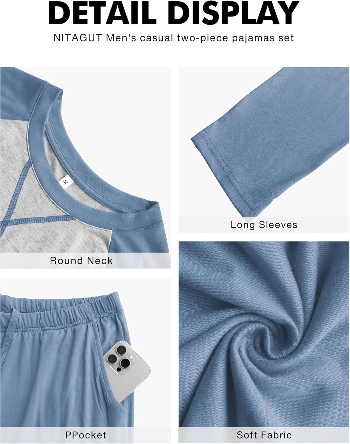 NITAGUT Men's Pajama Set Long Sleeve Sleepwear 2 Piece Loungewear with Pockets Soft Comfy Nightwear