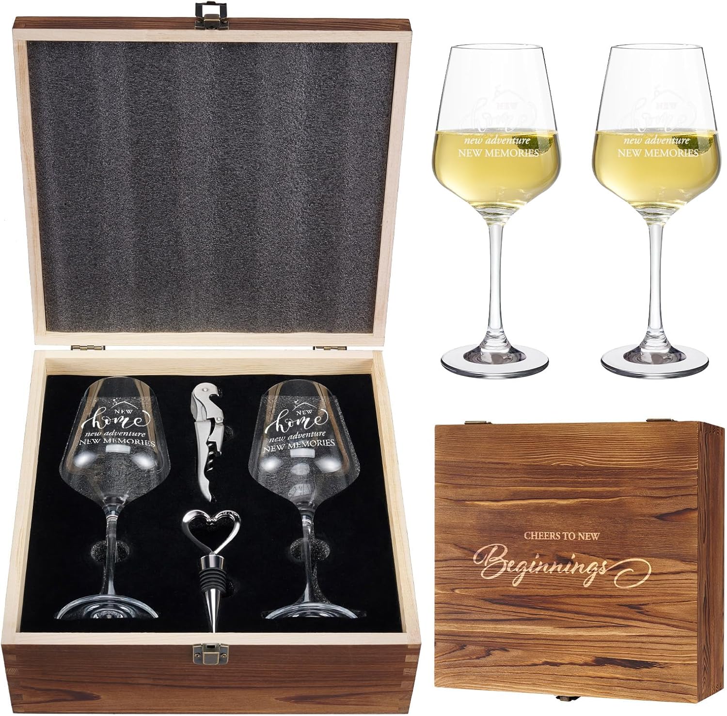 AW BRIDAL House Warming Gifts New Home Wine Glasses Sets, 2026 Closing Gifts for Home Buyers and Homeowner, New Apartment Gift Basket for Couple, First House Gift with Wooden Keepsake Box