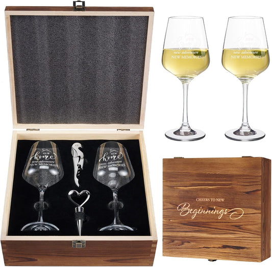 AW BRIDAL House Warming Gifts New Home Wine Glasses Sets, 2026 Closing Gifts for Home Buyers and Homeowner, New Apartment Gift Basket for Couple, First House Gift with Wooden Keepsake Box