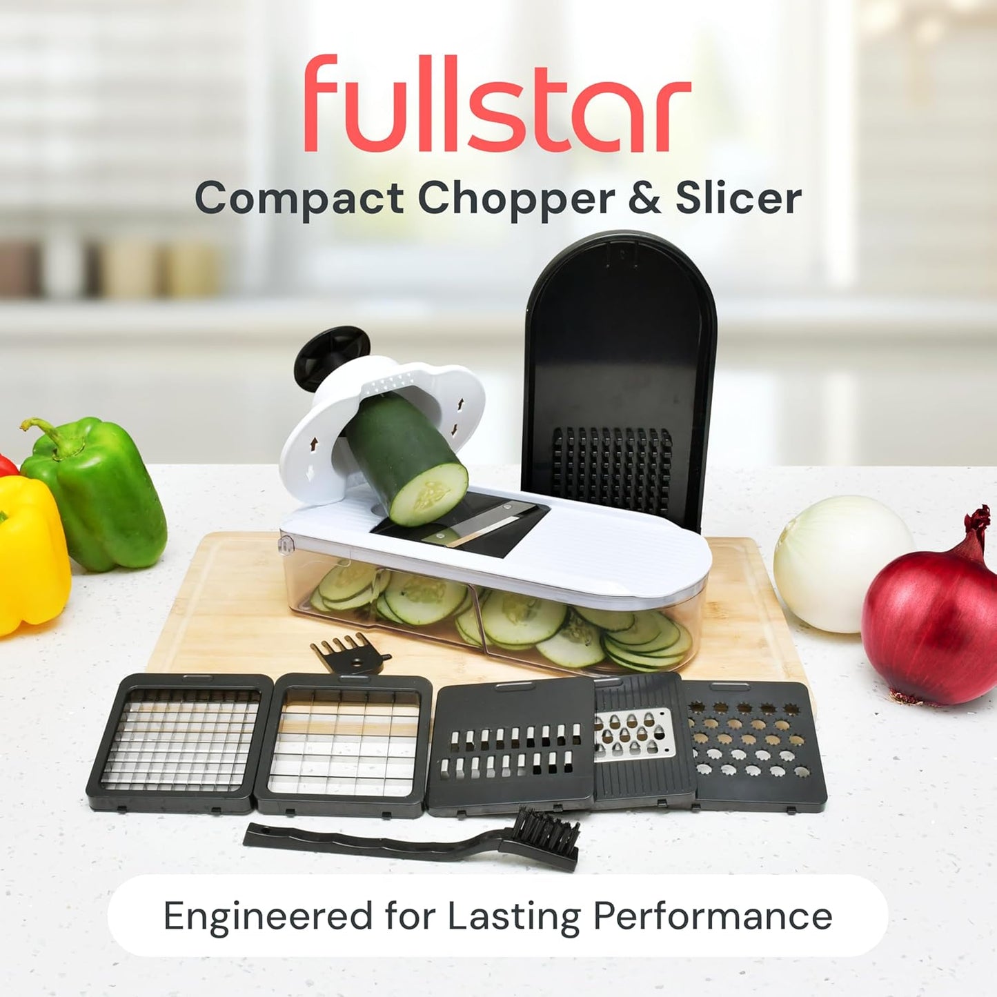 Fullstar Mandoline Slicer for Kitchen - Vegetable Chopper, Onion Potato Food Veggie Fruit Slicer and Cutter with Container, Kitchen Gadgets & Gifts, Home Essentials (6-in-1, White/Black)