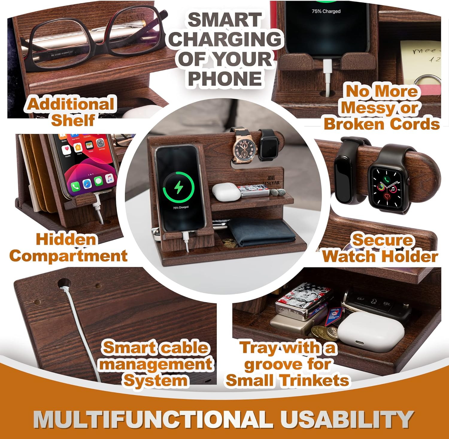 TESLYAR Wood Phone Docking Station for Men - Desktop or Nightstand Organizer - Birthday Gifts for Men, Dad - Anniversary Idea from Wife - Key Holder, Stand Wallet, Watch & Essentials (Bourbon Brown)
