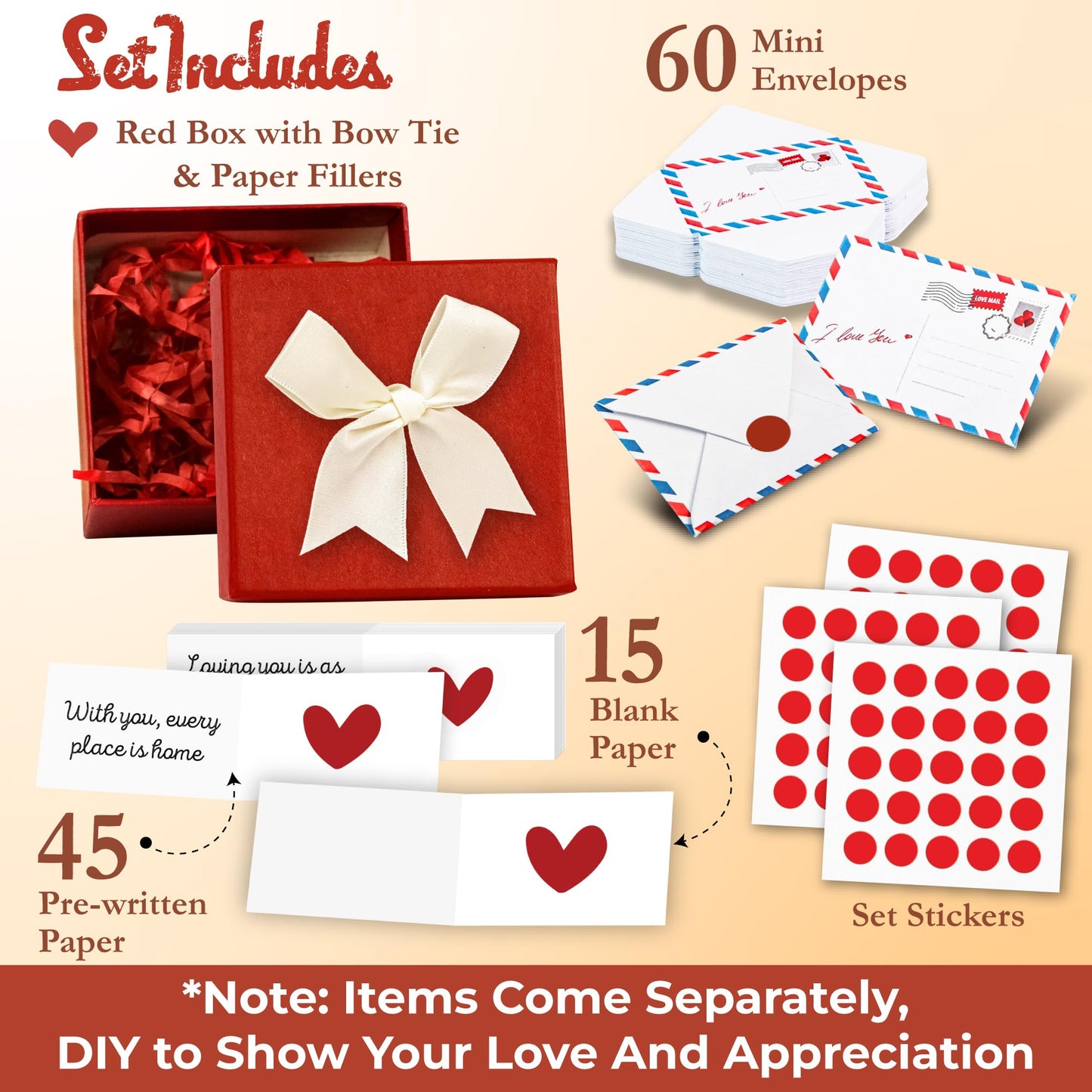 60 Mini Love Notes With Envelopes - Valentines Day Gifts For Him, Her, Boyfriend, Girlfriend - Valentines Gift For Husband, Wife - Anniversary Birthday Christmas I Love You Gifts For Couples