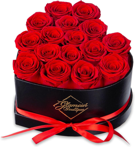 GLAMOUR BOUTIQUE 16 Flower Forever Heart Shape Box, Eternal Preserved Roses Gift for Her, Lasting Flowers, Romantic Floral Keepsake for Birthday, Anniversary or Valentine’s Day, Red (Color-Treated)