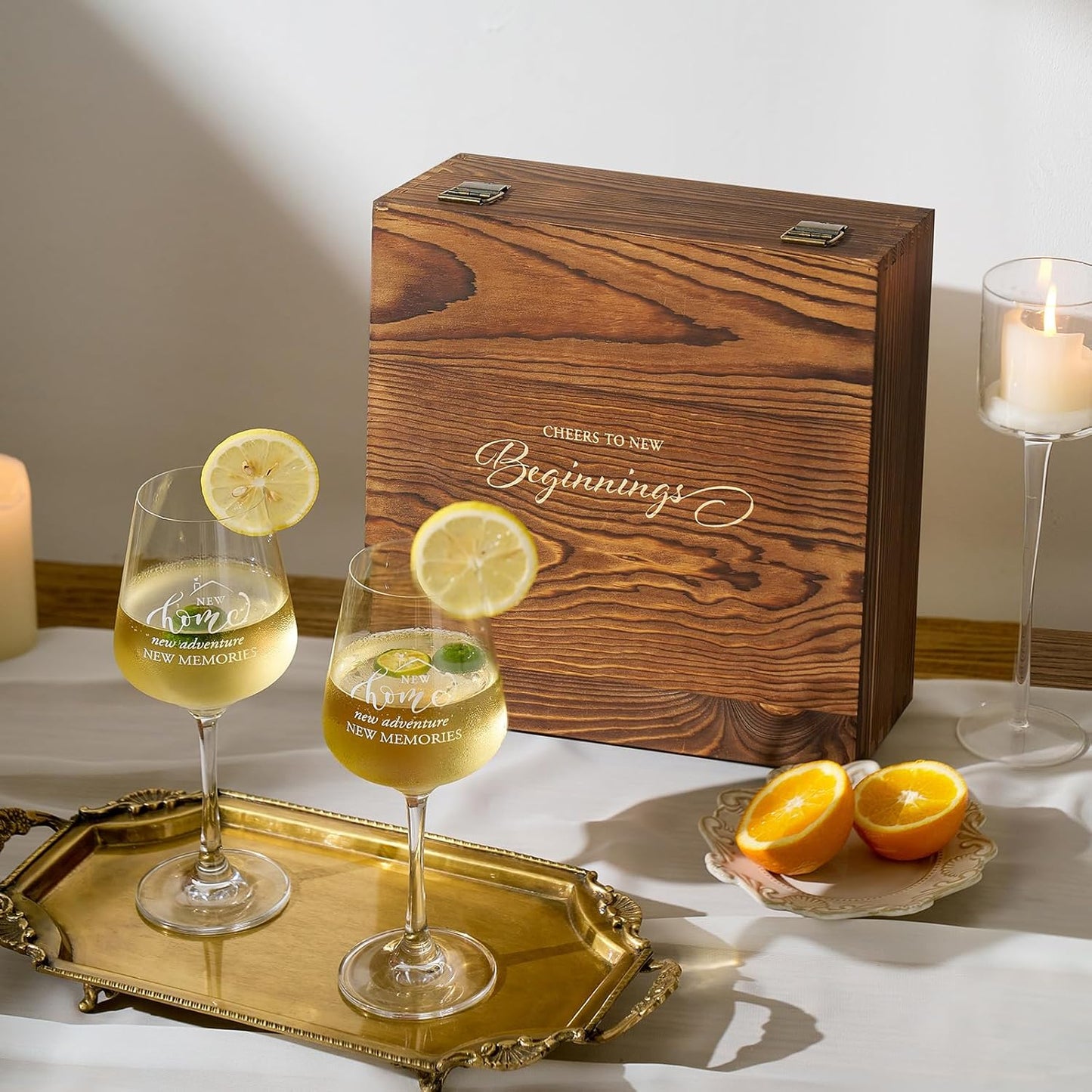 AW BRIDAL House Warming Gifts New Home Wine Glasses Sets, 2026 Closing Gifts for Home Buyers and Homeowner, New Apartment Gift Basket for Couple, First House Gift with Wooden Keepsake Box