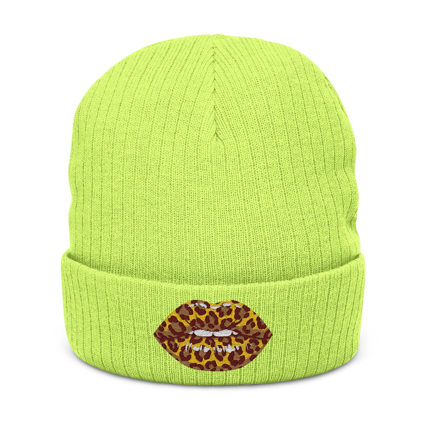 Leopard Kiss Beanie — Embroidered Ribbed Knit Hat