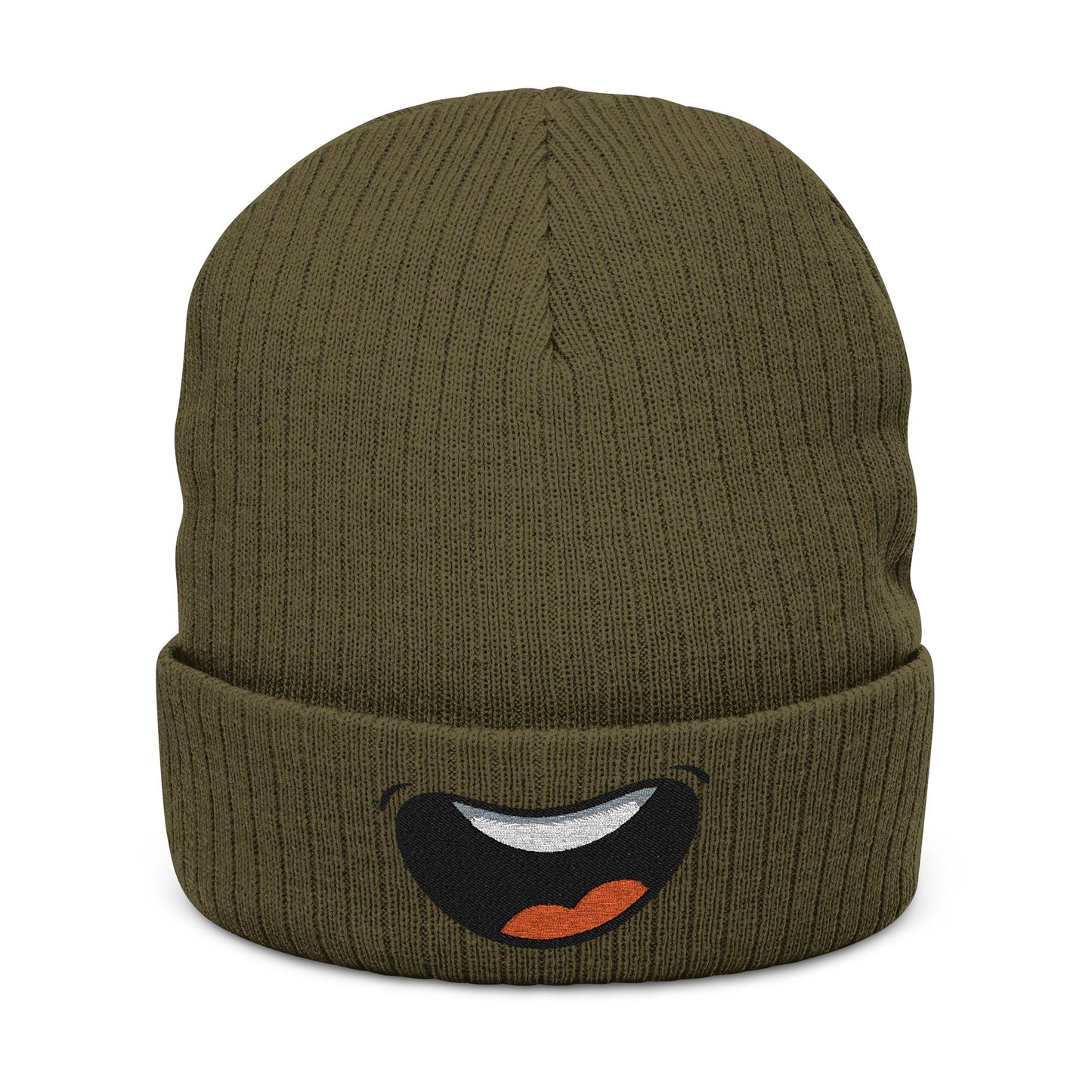 Embroidered Smile Beanie — Ribbed Knit Cuffed Winter Hat
