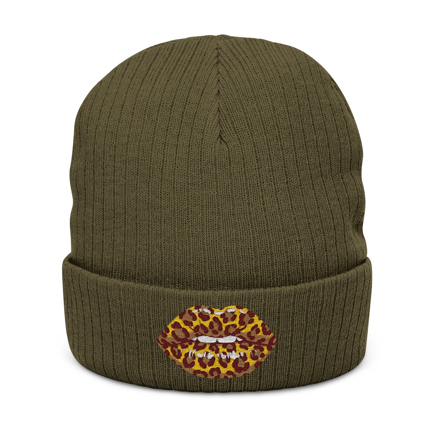 Leopard Kiss Beanie — Embroidered Ribbed Knit Hat