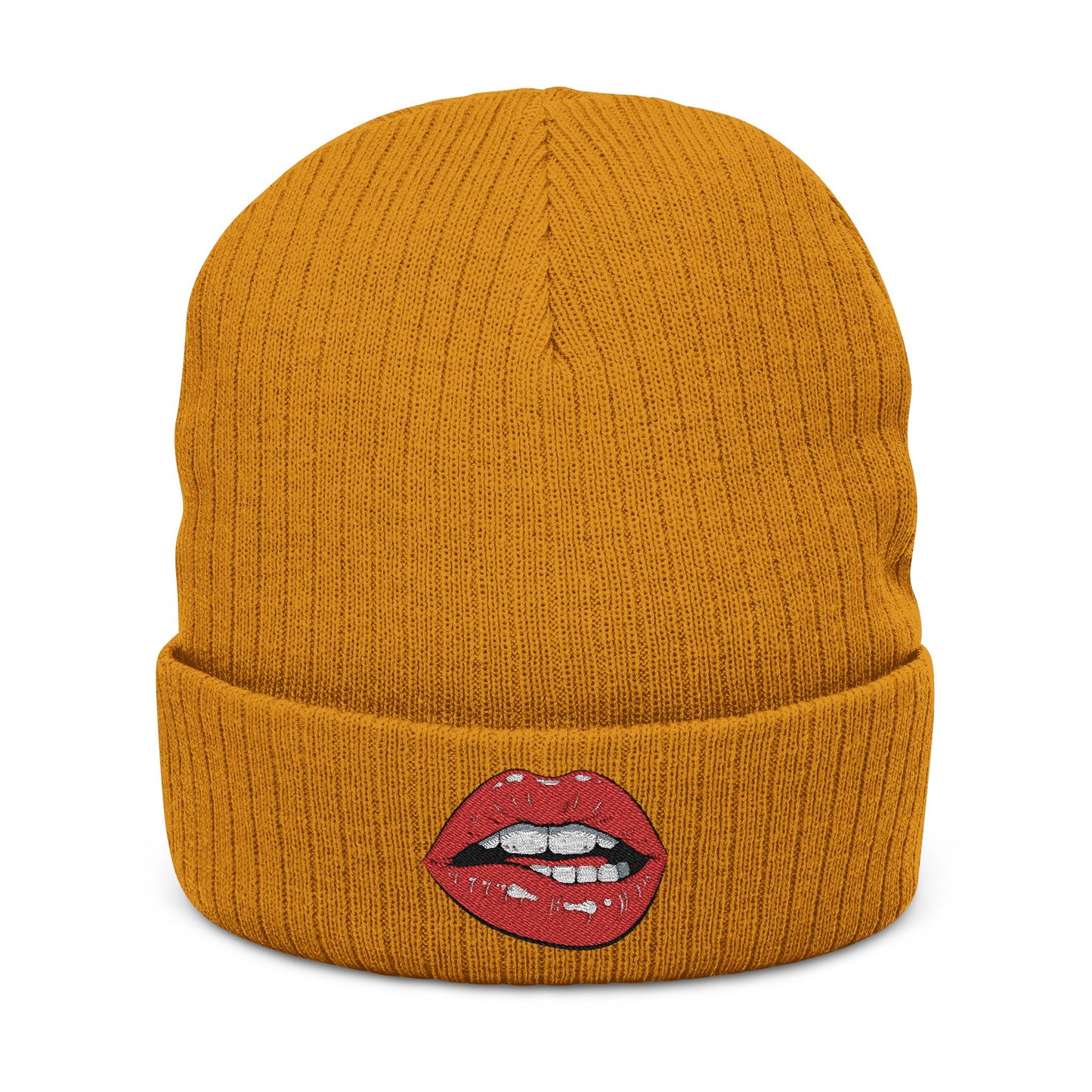 Embroidered Red Lip Ribbed Beanie Trendy Knit Hat for Women