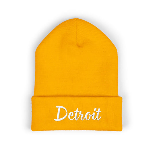 Detroit Embroidered Cuffed Beanie — Classic City Script Knit Hat