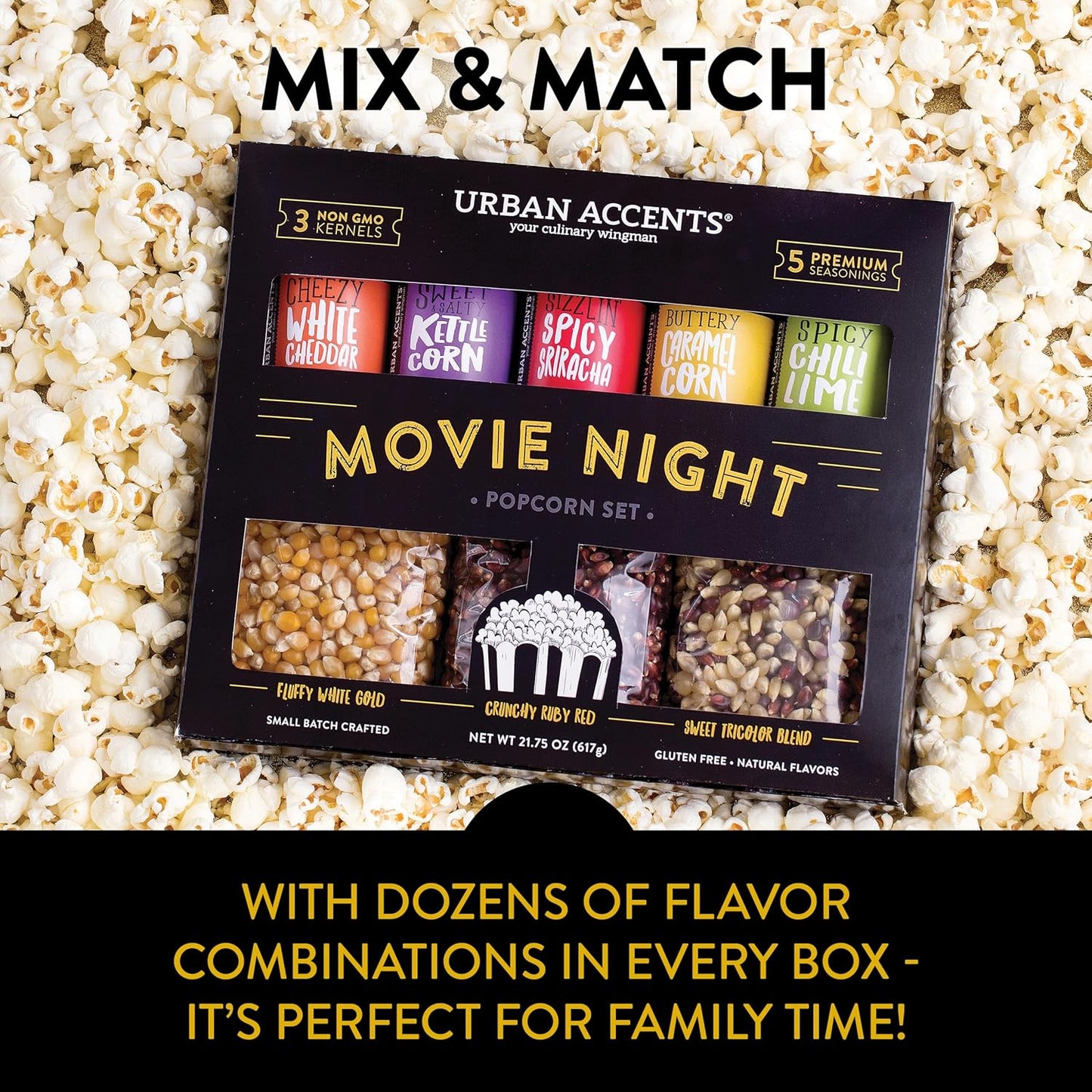 Urban Accents Movie Night Popcorn Gift Set – Includes 3 Gourmet Popcorn Kernel Varieties & 5 Flavorful Seasonings – Perfect Snack Gift Box for Parties, Holidays, or Movie Lovers