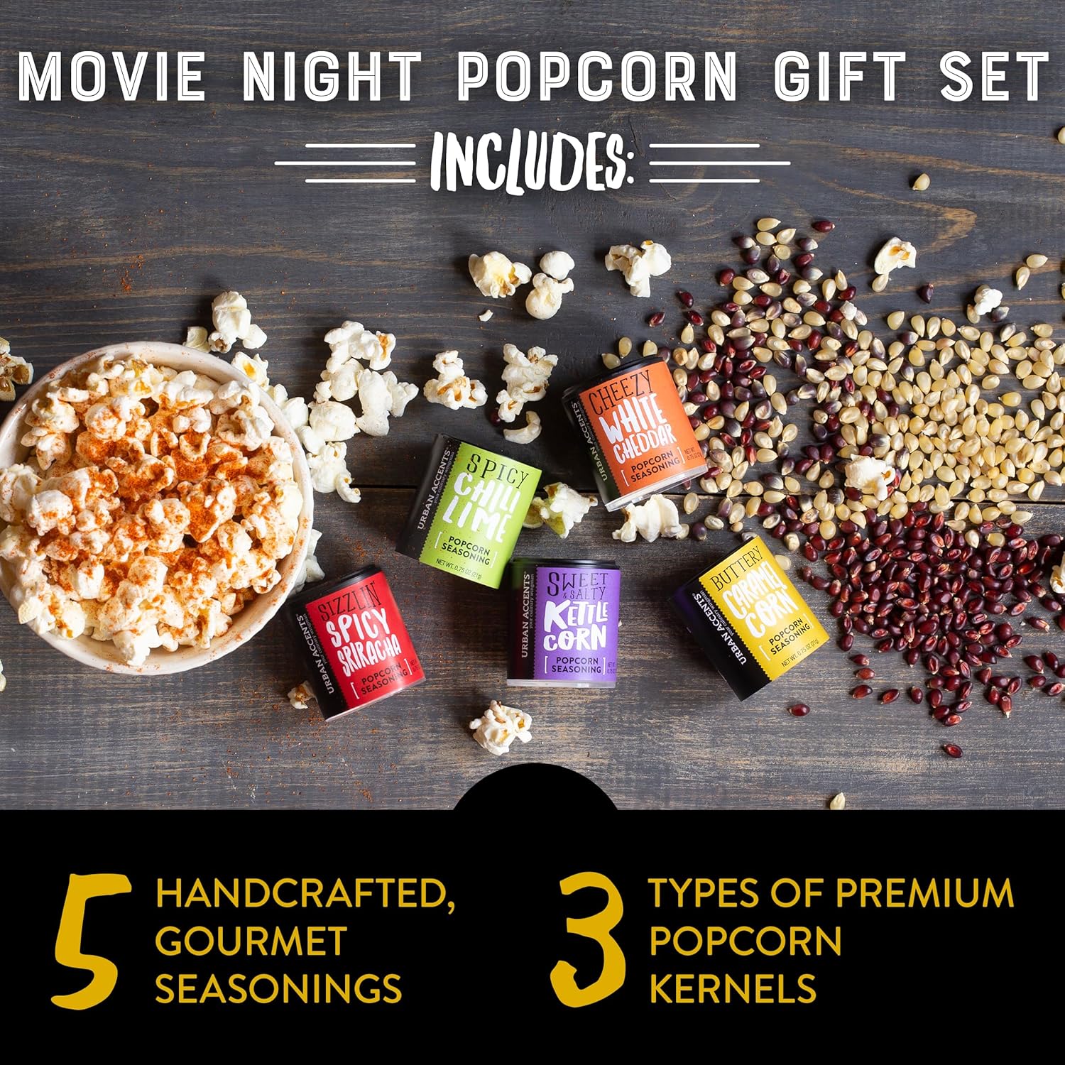 Urban Accents Movie Night Popcorn Gift Set – Includes 3 Gourmet Popcorn Kernel Varieties & 5 Flavorful Seasonings – Perfect Snack Gift Box for Parties, Holidays, or Movie Lovers