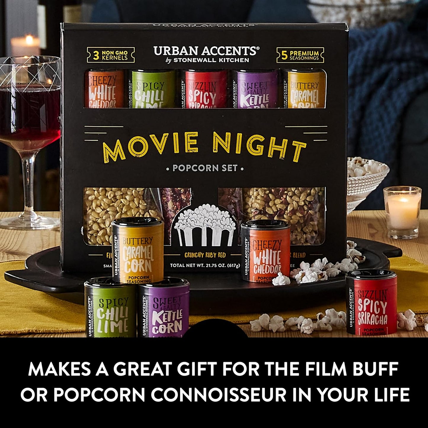 Urban Accents Movie Night Popcorn Gift Set – Includes 3 Gourmet Popcorn Kernel Varieties & 5 Flavorful Seasonings – Perfect Snack Gift Box for Parties, Holidays, or Movie Lovers