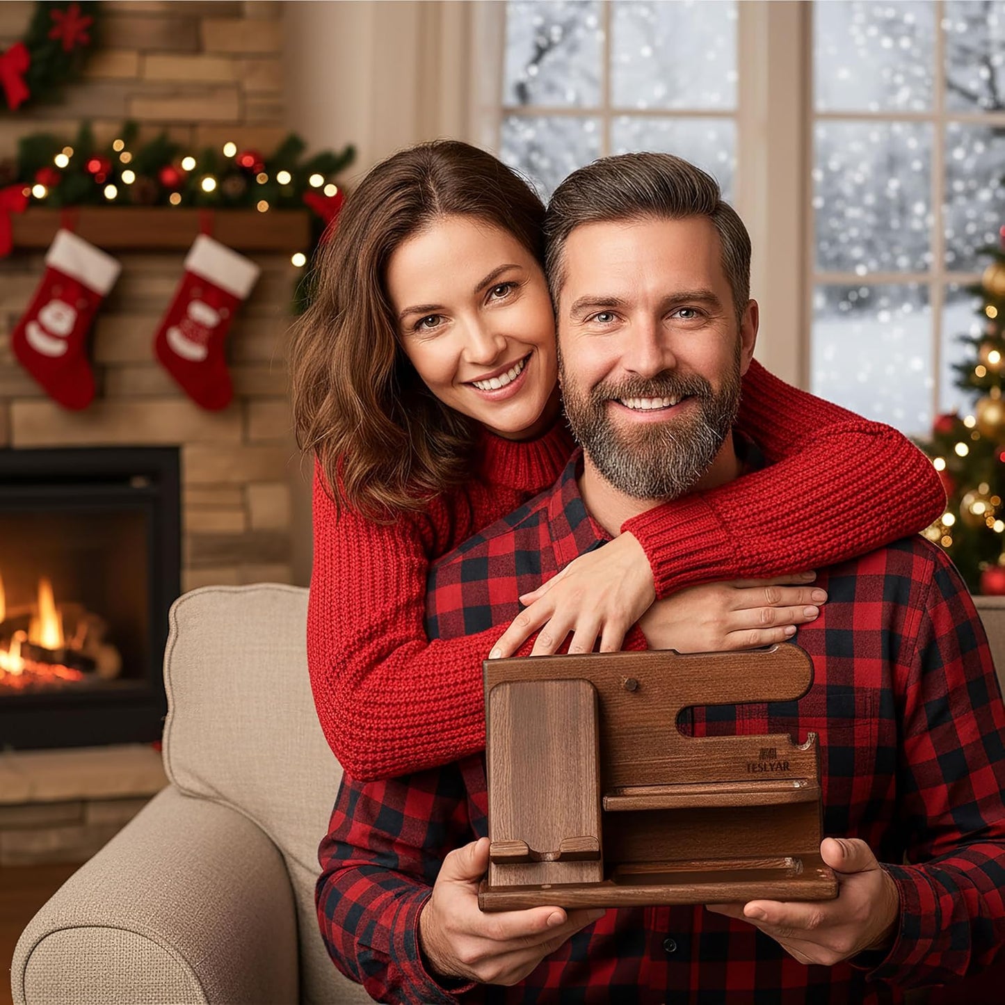 TESLYAR Wood Phone Docking Station for Men - Desk or Nightstand Organizer - Birthday Gifts for Husband, Dad - Anniversary Idea from Wife - Key Holder, Stand Wallet, Watch & Essentials (Bourbon Brown)