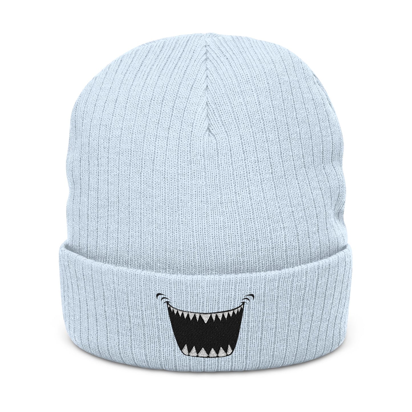 Embroidered Monster Smile Ribbed Beanie — Knit Cuffed Winter Hat