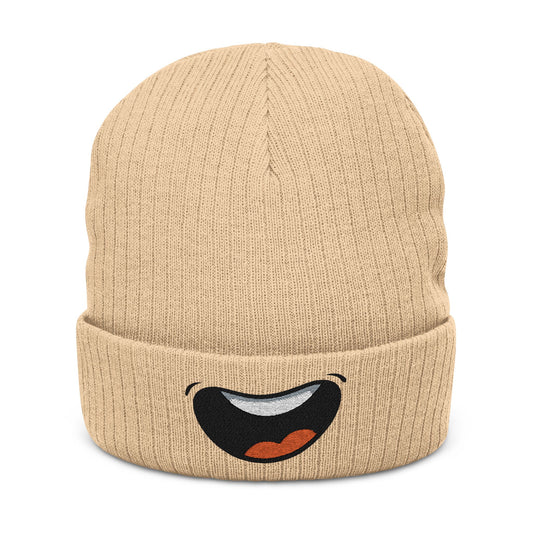 Embroidered Smile Beanie — Ribbed Knit Cuffed Winter Hat