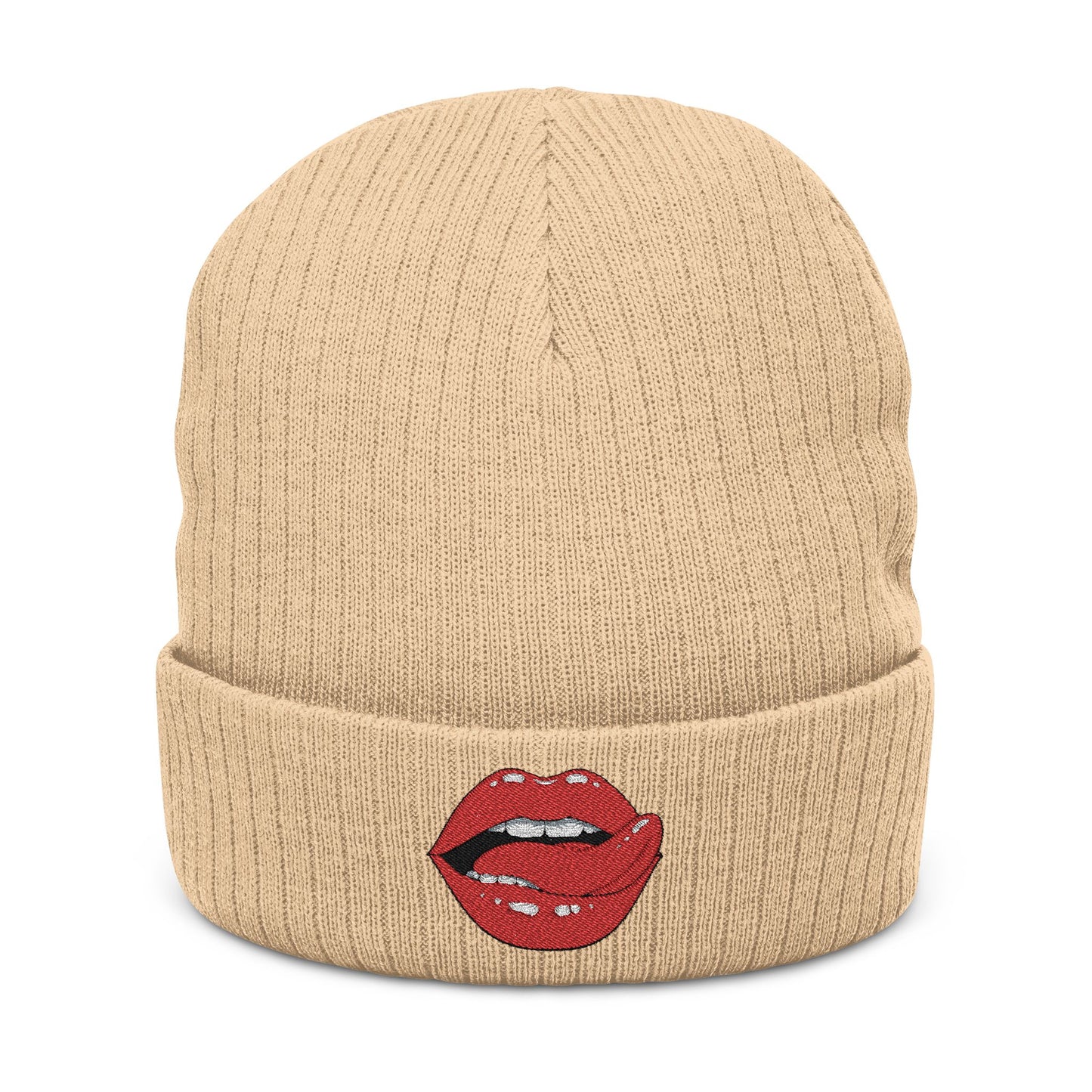 Embroidered Red Lip Kiss Beanie Ribbed Knit Winter Hat