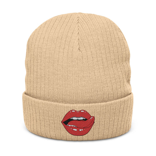 Embroidered Red Lip Kiss Beanie Ribbed Knit Winter Hat