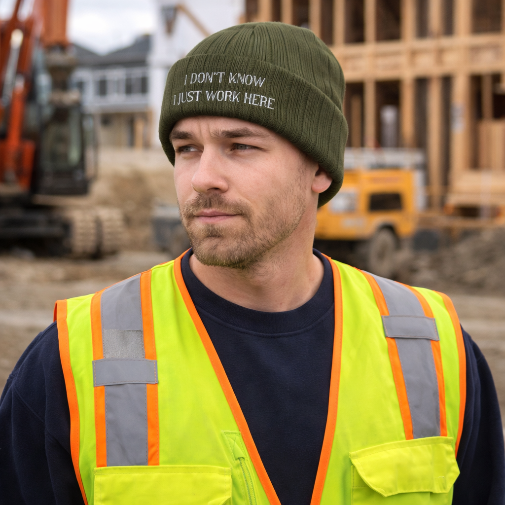 Embroidered Ribbed Beanie I Don't Know I Just Work Here Crew Hat