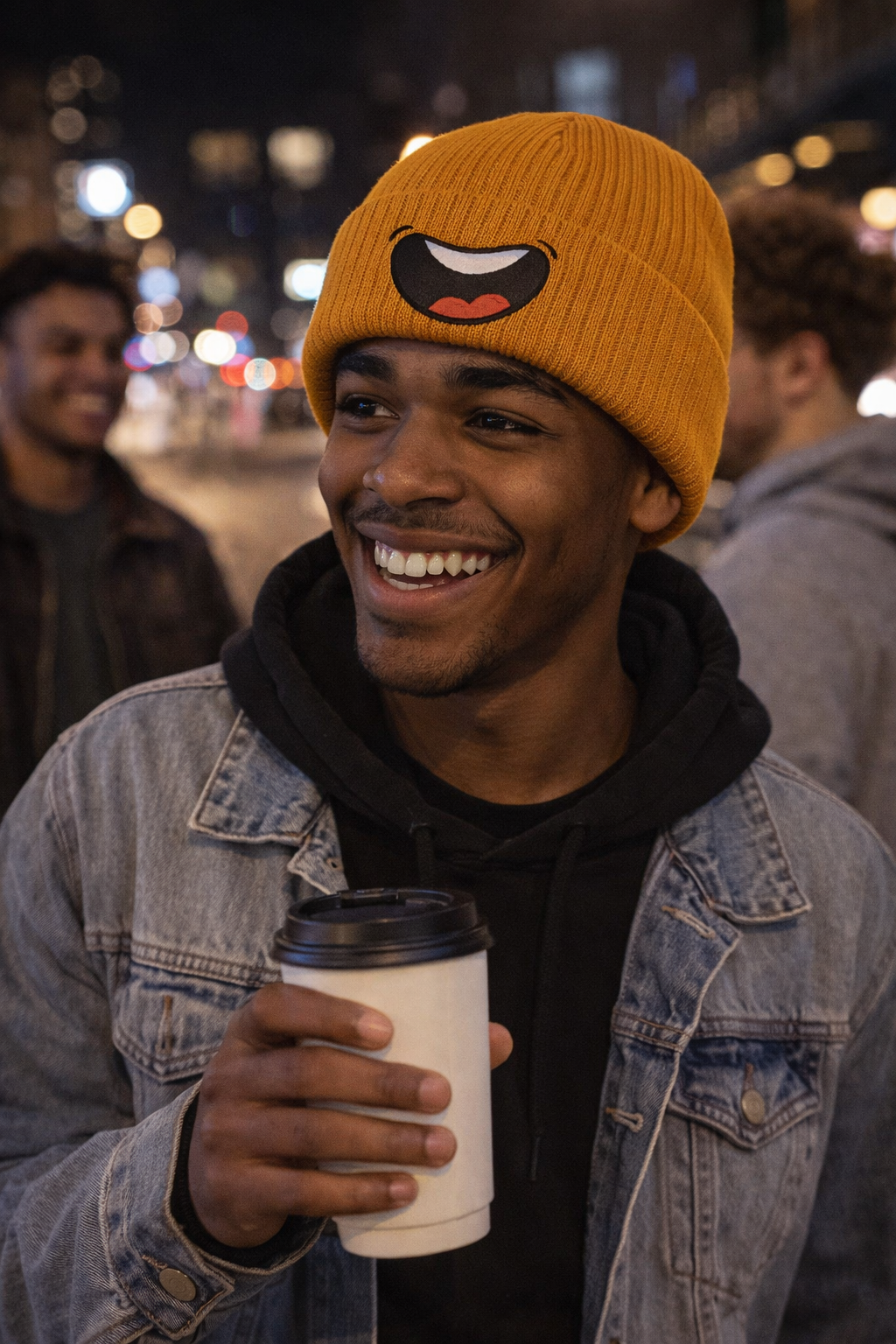 Embroidered Smile Beanie — Ribbed Knit Cuffed Winter Hat